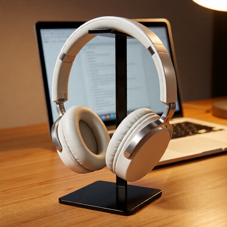 Edited product image preserving the headphones in a new desk environment.