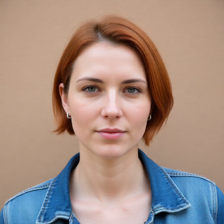 Source portrait of a fictional woman with copper bob hair, denim jacket, and tan wall background.