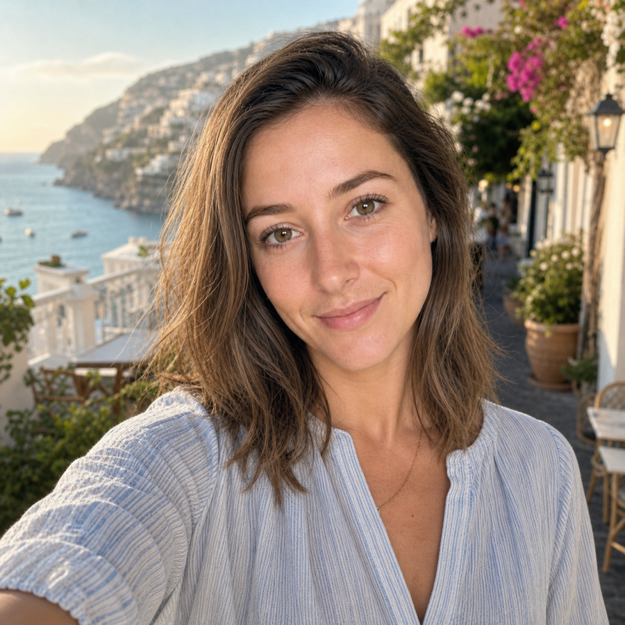 Edited travel and dating profile photo of the same woman on a coastal street.